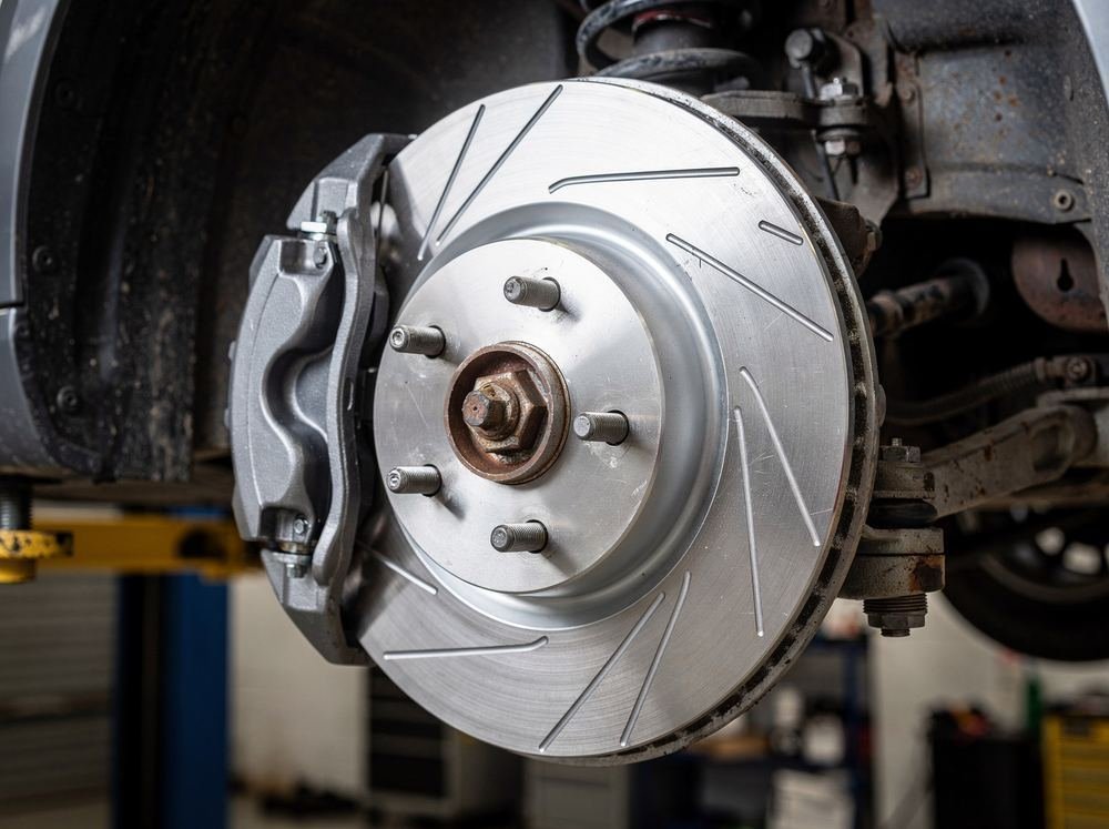 Brake rotor and caliper on a vehicle raised on a lift, with visible corrosion on surrounding hardware