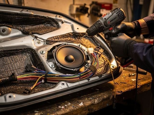Car door panel on a workbench with a new component speaker being fitted and a colorful wiring harness visible