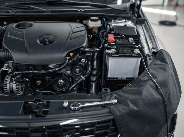 Engine bay of a modern four-cylinder car during diagnostic work, with hoses, belts and battery visible