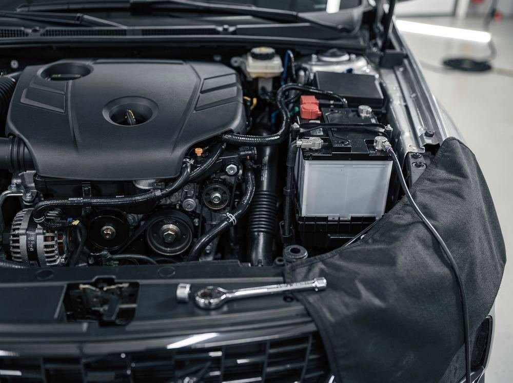 Engine bay of a modern four-cylinder car during diagnostic work, with hoses, belts and battery visible