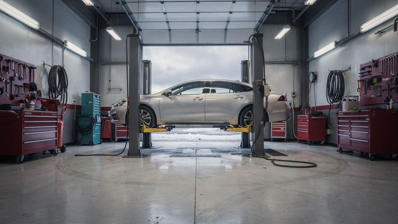 Interior of a clean automotive repair shop with a car raised on a two-post lift and an open bay door showing winter weather outside