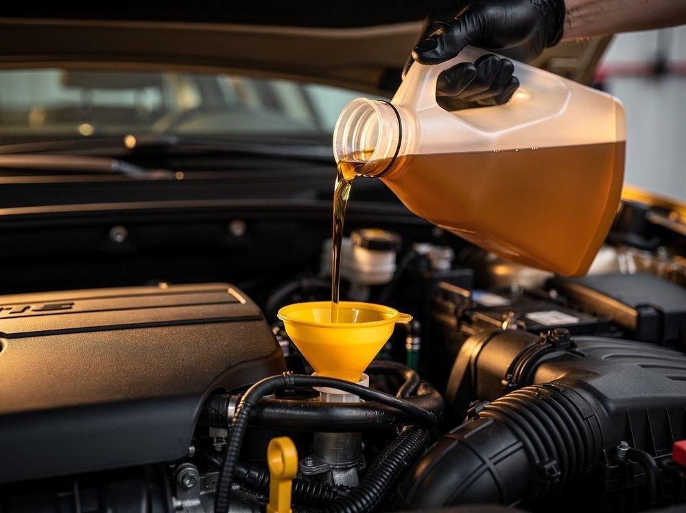 Fresh oil being poured through a funnel into the oil fill neck of an open engine bay