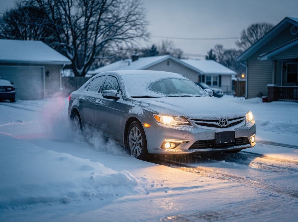 Snow-covered sedan idling in a Midwestern driveway at dawn with exhaust vapor and frost clearing from the windows