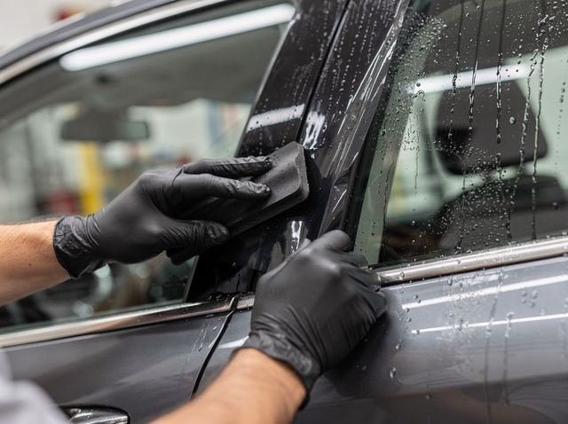 Squeegee smoothing dark window film across a wet car side window during a tint installation
